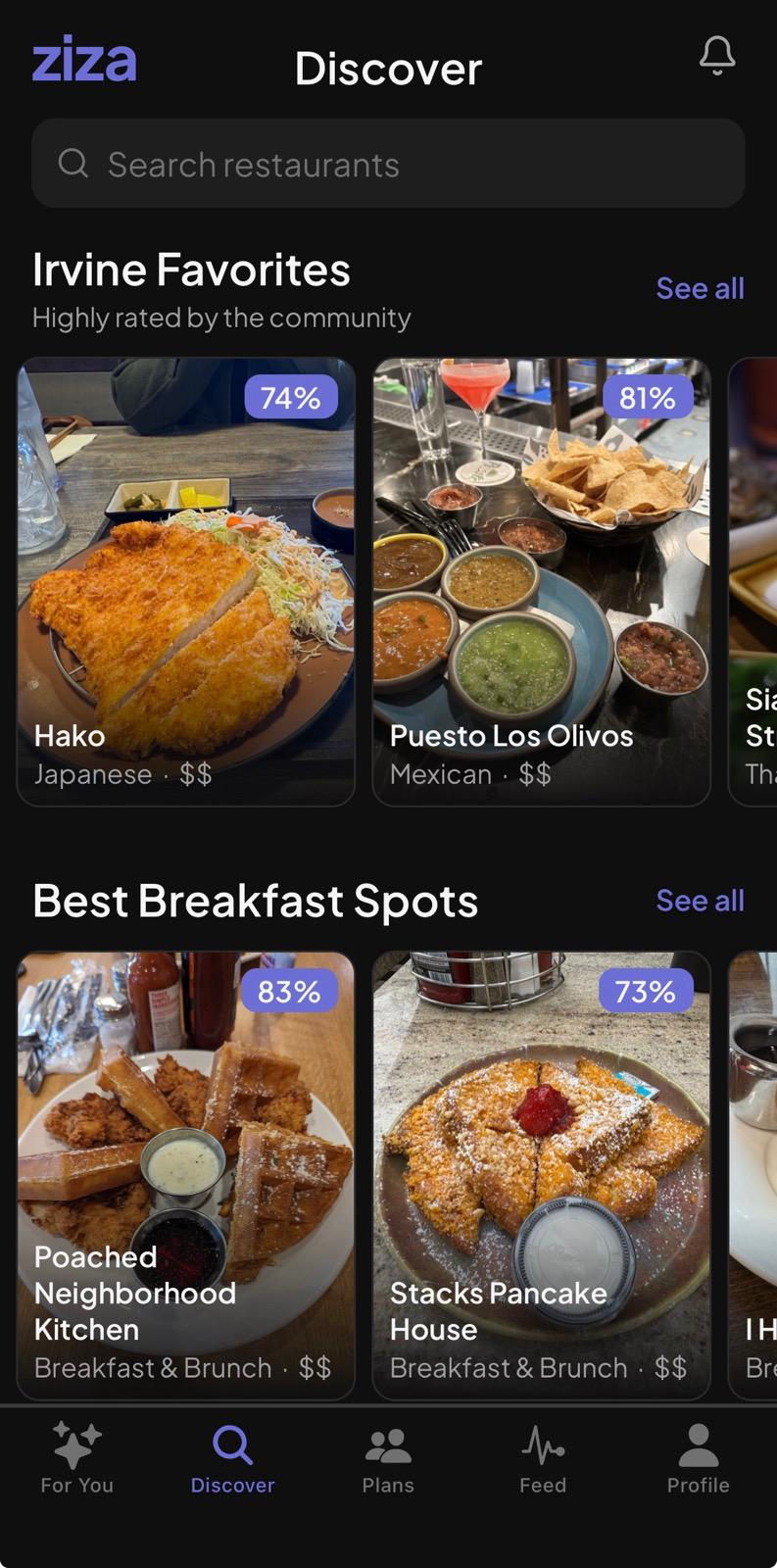 Discover screen — Irvine Favorites and Best Breakfast Spots guides