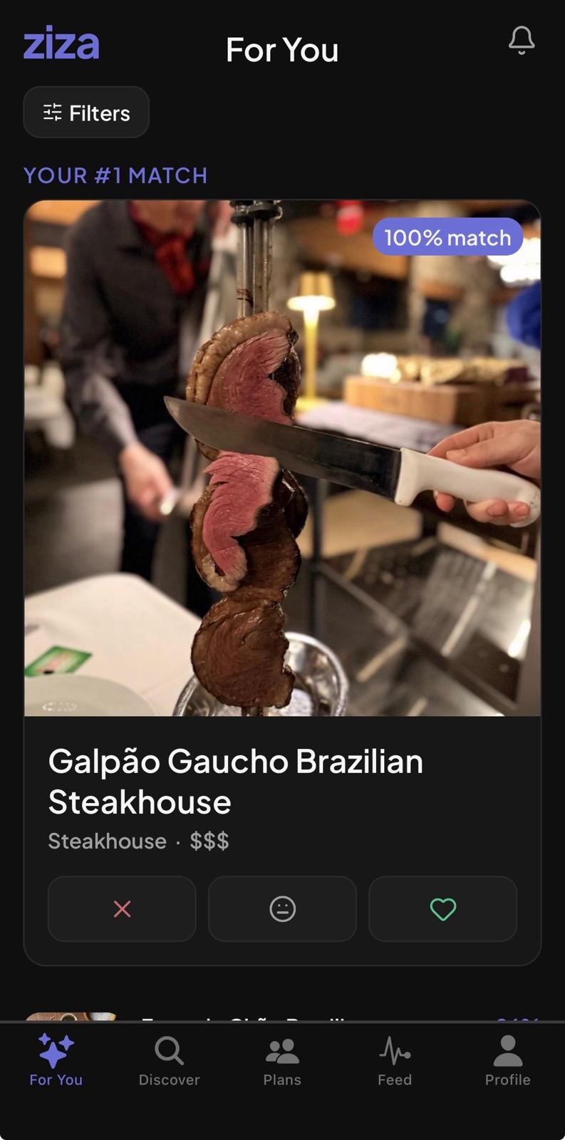 For You screen — restaurants ranked by your personal match percentage