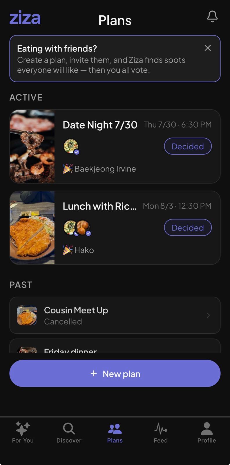 Plans screen — dinner plans with friends, decided by group vote