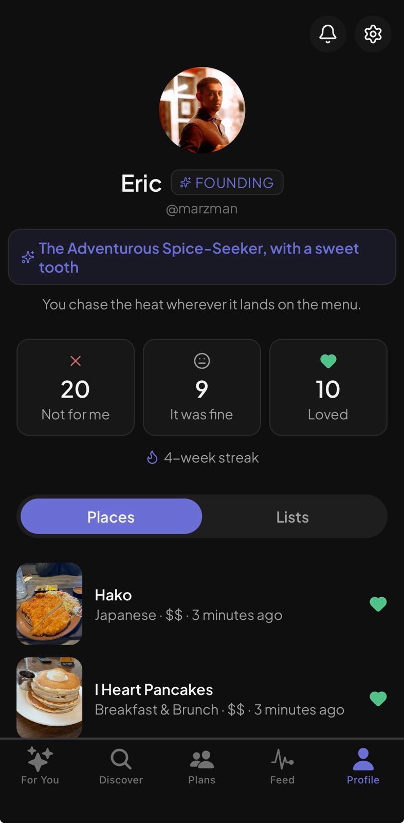 Profile screen — your taste type, logging stats, and favorite places