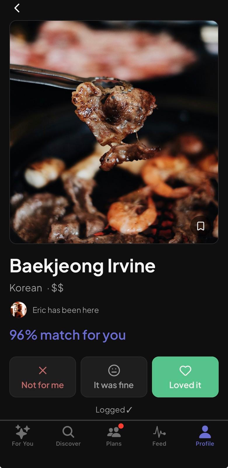 Restaurant page — Baekjeong Irvine with a 96% match for you